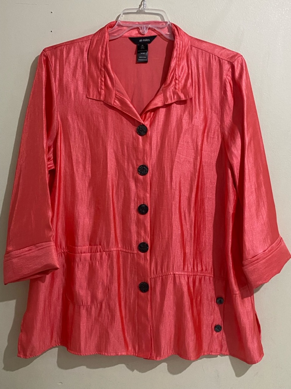 Ali Miles Coral Button-Front Women's Shirt Jacket 3/4 Sleeves Wired Collar